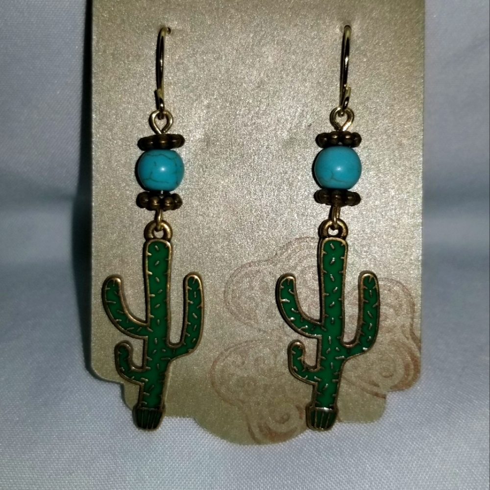 Handmade Cactus Earrings with Turquise Accent